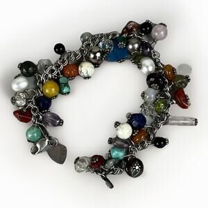 Sterling Silver Multi Gemstone Charm Bracelet 45 Multi Color Charms 7.5” - 36.7g